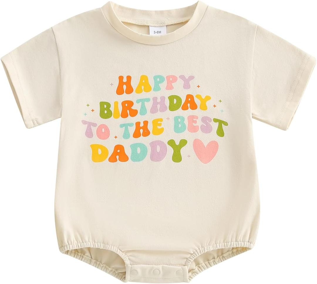 YOKJZJD Newborn Baby Girl Boy Happy Birthday To The Best Daddy Bubble Romper Short Sleeve Bodysuit Jumpsuit Summer Outfits (0-3 Months, Apricot)