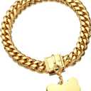 Jewelry Kingdom 1 Gold Dog Chain Collar with Dog ID Tag 18K Metal Stainles Steel Cuban Link Chain Strong Heavy Duty Chew Proof Walking Training Chain Collar (15MM, 14")