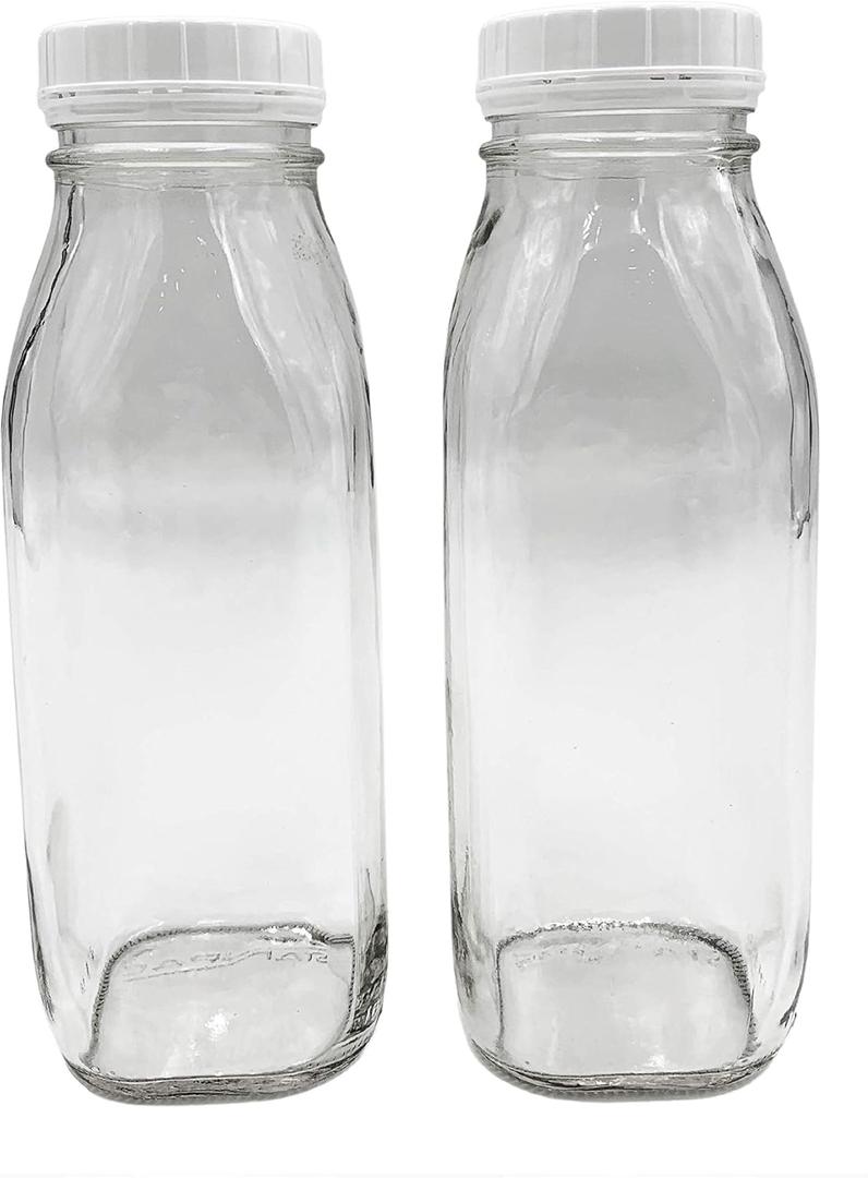 1 Pint / 16 oz Glass Beverage Bottles with Screw On Cap (Set of 2)