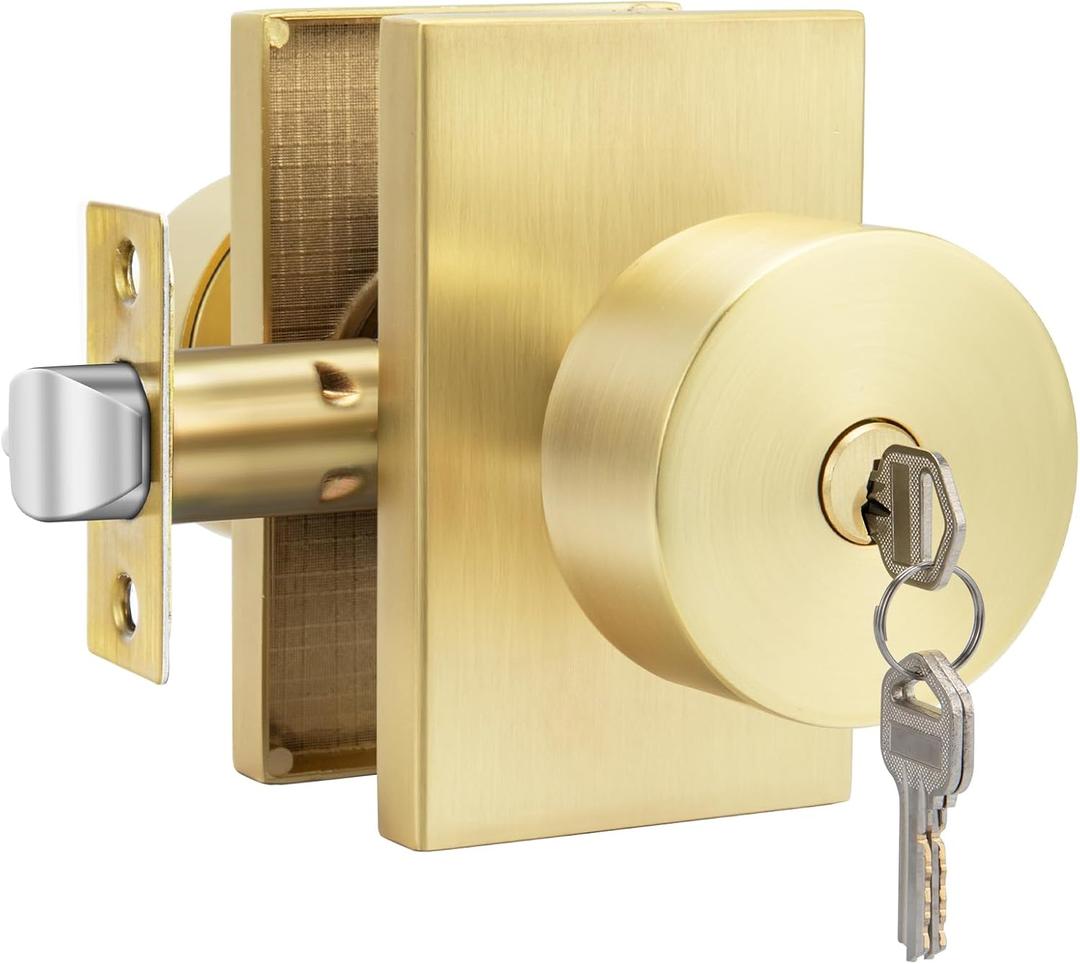 Goldenwarm Keyed-Alike Exterior Door Knob with Key, Zinc Alloy Brushed Gold Door Knob Exterior, Locking Doorknob with Lock and Key, Bedroom (1 Pack)