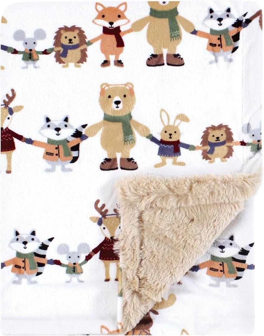 Hudson Baby Unisex Baby Plush Blanket with Furry Binding and Back, Winter Woodland Friends, One Size