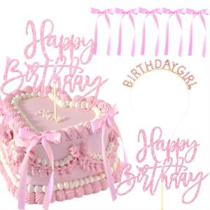 Pink Bow Birthday Decorations, Tyotrbs Coquette Cake Topper Pink Bows For Cake with Rosa Gold Birthday girl Headband for Vintage, Ribbon, Coquette Themed Party