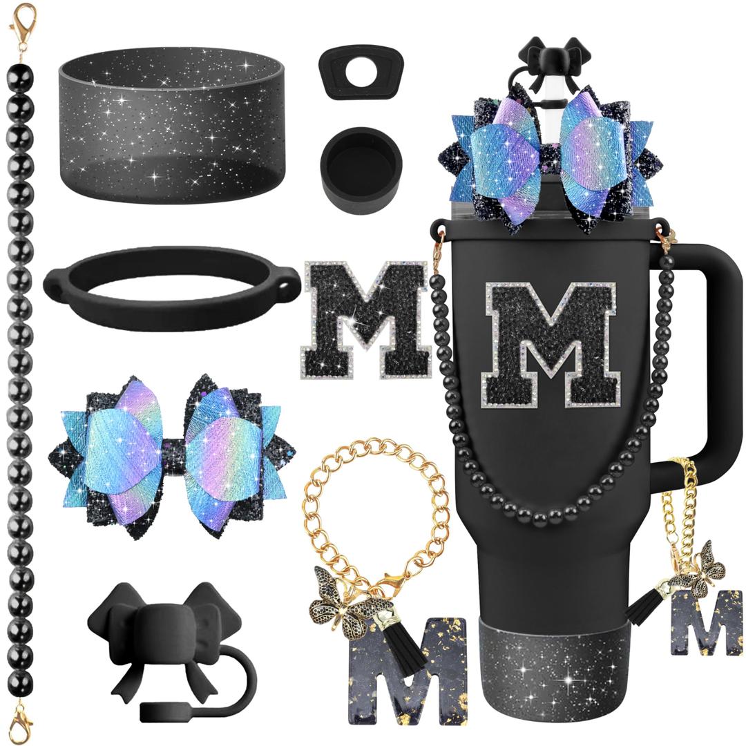 Hpebl 9PCS Black for Stanley Cup Accessories Set Bling Initials Bow Charms for Stanley Decorations 30/40 Oz Tumbler Accessories Including Bow Straw Topper, Handle Strap, Spill StopperLetter M