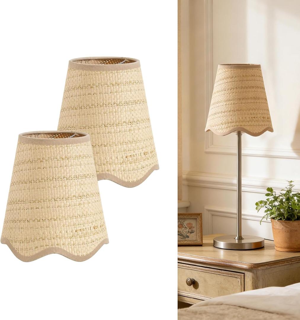 2 Pcs Small Scalloped Lampshade, 4" Top X 6.3" Bottom X 6.7" High X 6.5" Slant Clip-On Chandelier Lamps Shade, Boho Wicker Lampshade for Chandelier or Accent Lamp, Brown