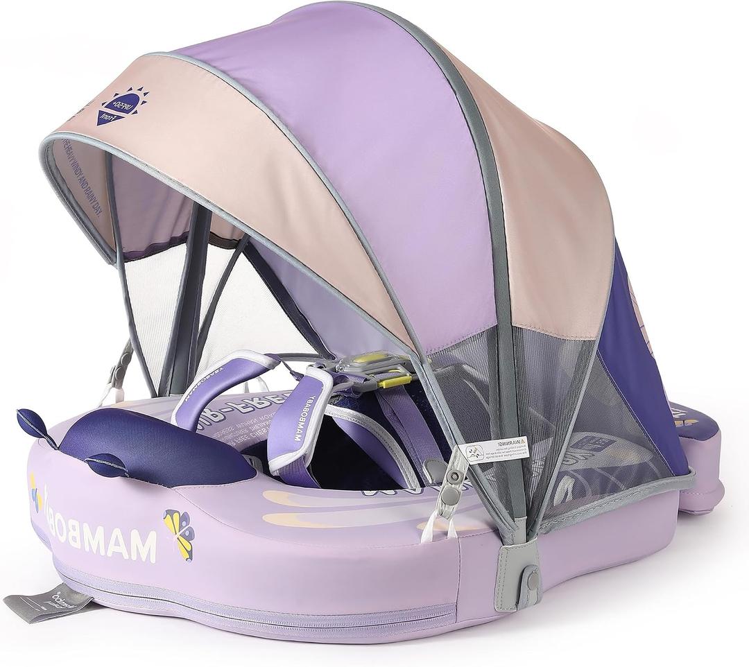 Mambobaby Float Add Tail Baby Swim Float with Canopy Solid Pool Infant Swim Trainer Swimming Training Lying Air Free Water Floats Non-Inflatable Waist Swim Ring for Toddlers (Butterfly-Purple), Large