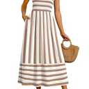 OFEEFAN Maxi Dress Spaghetti Strap Business Casual Spring Long Sundresses for Women Resort Wear Summer Clothes Beach Vacation Cruise Outfits Khaki Striped, L