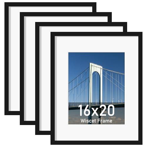 Wiscet 16x20 Picture Frame Set of 4, Display Picture 11x14 with Mat or 16x20 Poster Frame Without Mat, Horizontal or Vertical Wall Mounting, Black