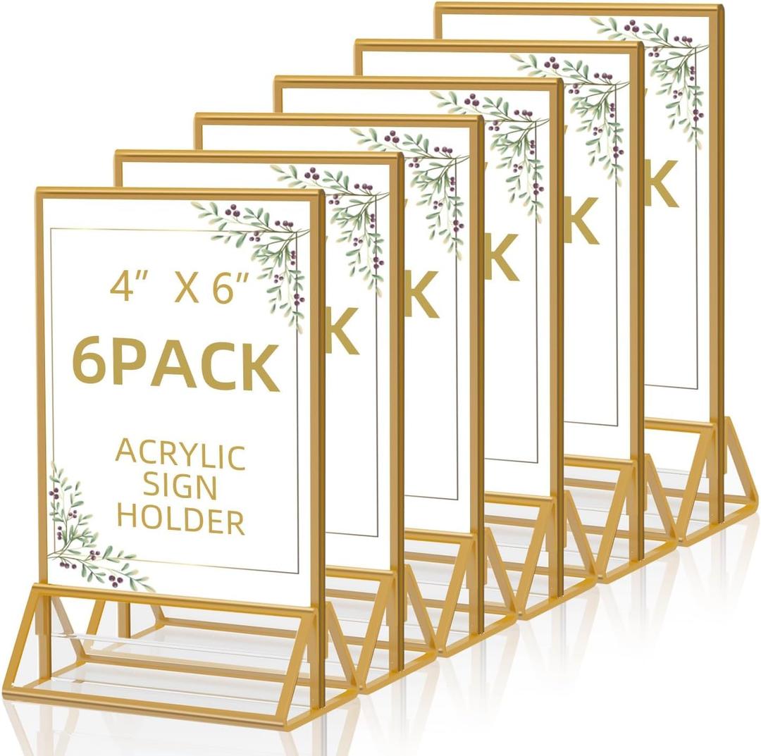 PPH-Sisy Gold Picture Frame 4X6 Acrylic Sign Holder Double Sided Clear Acrylic Frames Display Stand, Plastic Sign Holder for Wedding Table Numbers Menu Holder (6 Pack)