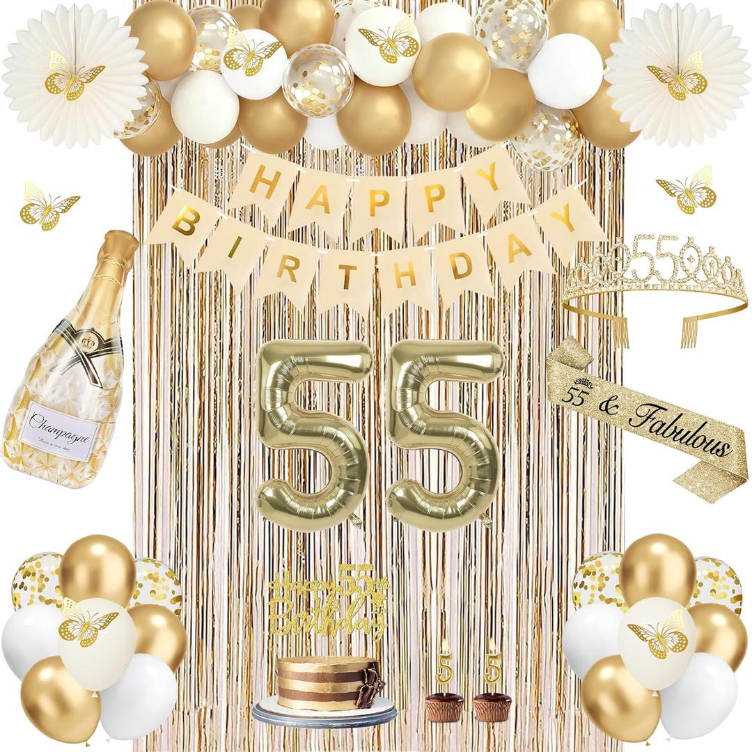 55th Birthday Decorations for Women, Champagne Gold 55th Birthday Gift for Women, 55 Sash and Crown, Banner, Fringe Curtains, Hanging Paper Fans, 55 Year Old Party Supplies Set