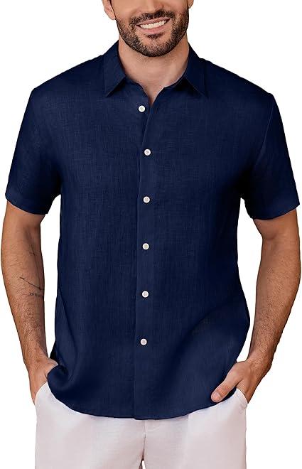 Kallspin Men's 100% Linen Button Down Shirts Casual Short Sleeve Tops Collared Summer Beach Shirts
, Navy Blue, Medium