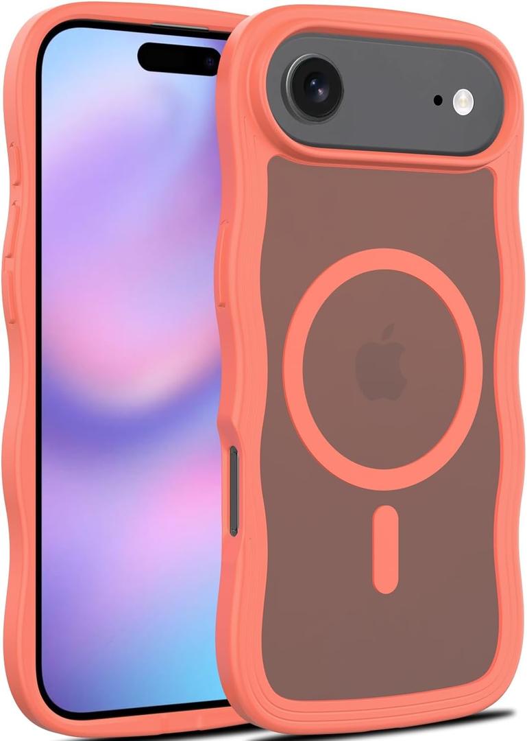 Magnetic for iPhone Air Case, (Compatible with Magsafe) Curly Wavy Frame Hard Translucent Matte Clear Back Cover for Women Men TPU Bumper Shockproof Phone Case (Orange)