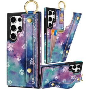 Petitian for Samsung Galaxy S24 Ultra Case with Wallet - Women Girls Cute Girly Aesthetic Unique Design with Leather Credit Card Holder Cardholder Stand Wristband for S24 Ultra, Paw Purple