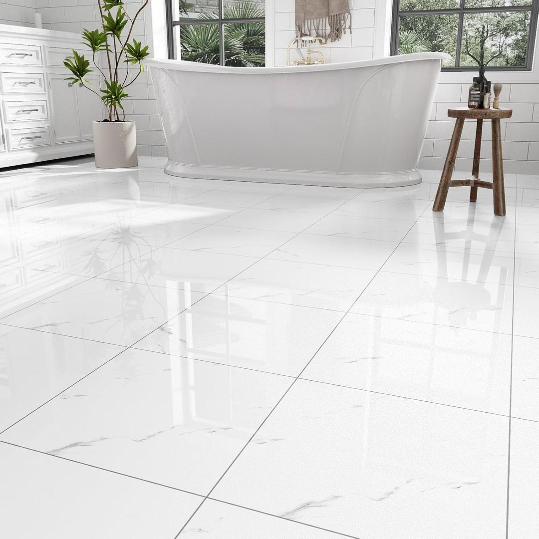 30-Pack Peel and Stick Floor Tiles Vinyl Floor 12 x 12 inch Self Adhesive Waterproof Glossy Flooring Planks DIY for Bathroom, Kitchen, Living Room, RV, Cover 30 Sq. Ft, Polish White Marble