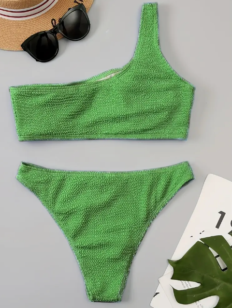 Green Embossed Striped Print Bikini Set One Shoulder, Size L Green Embossed Striped Print Bikini Set One Shoulder, Size L