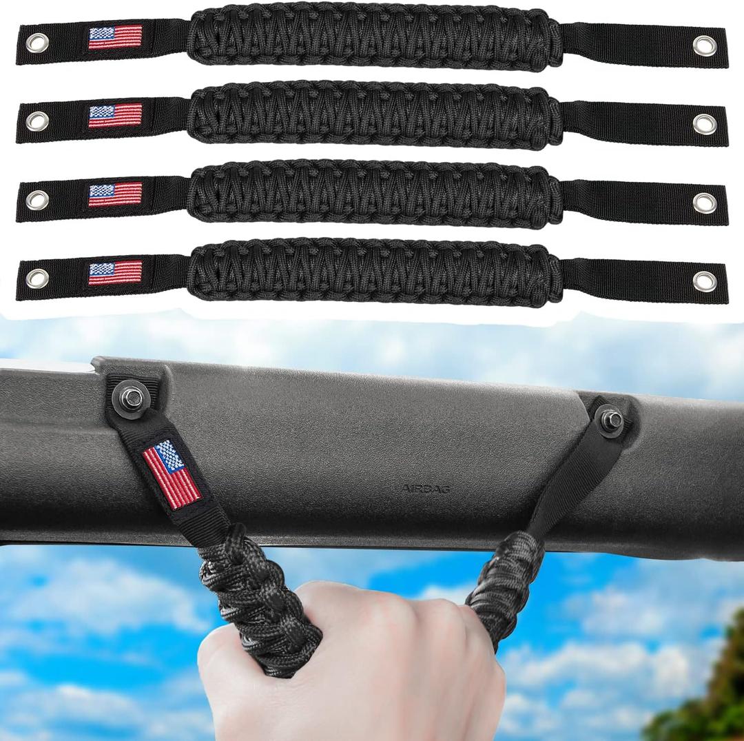 E-cowlboy Roll Bar Grab Handles Paracord Grip Handle for Ford Bronco 2021 2022 2023 2024 2-Door 4-Door Interior Accessories Premium Paracord US Flag (Black 4 Pack)