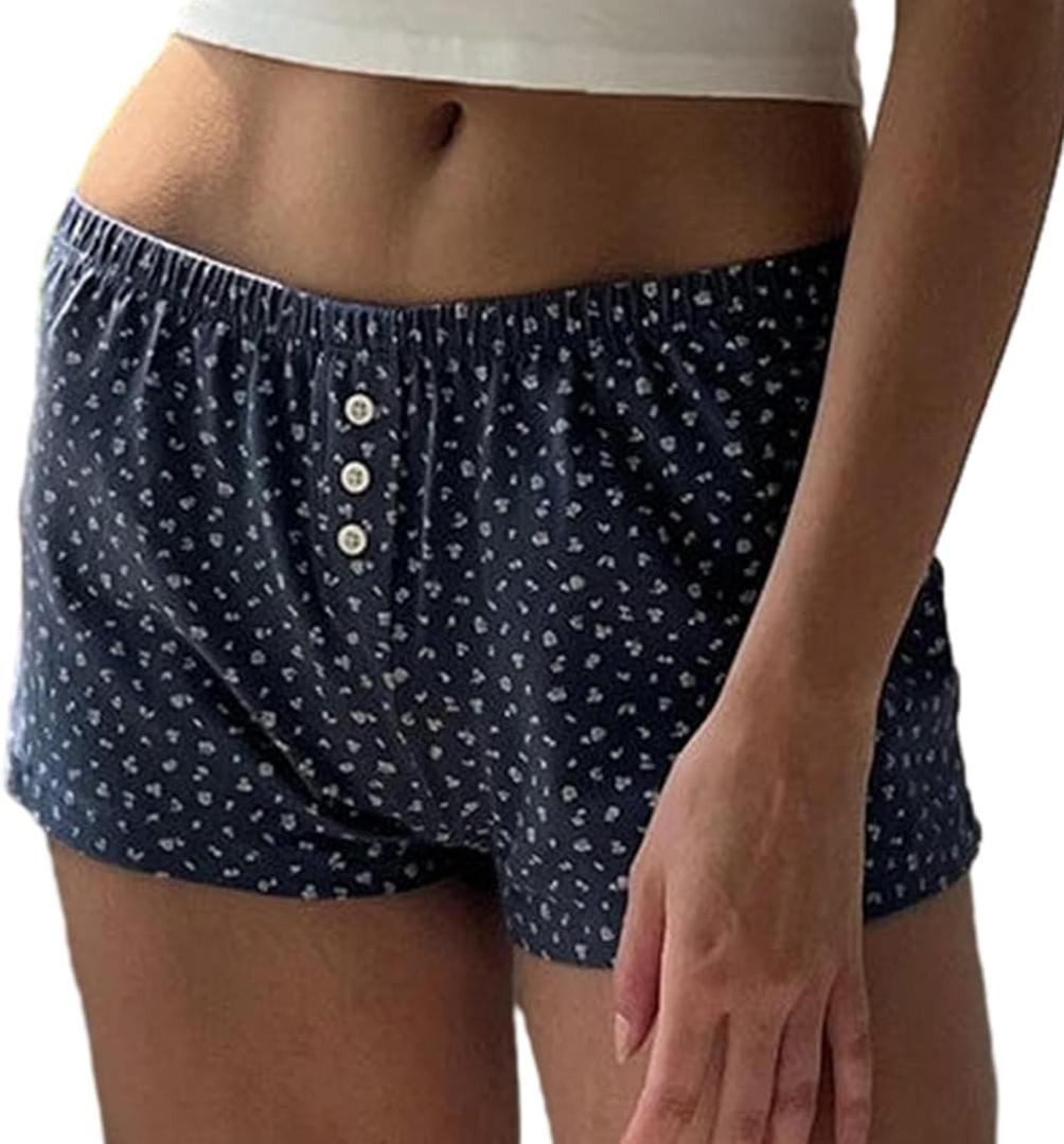 Cute Pajama Shorts for Women Y2K Sexy Low Rise Lounge Floral Shorts Comfy Striped Button Boxers Pj Bottoms Sleepwear (A Blue Floral, L)