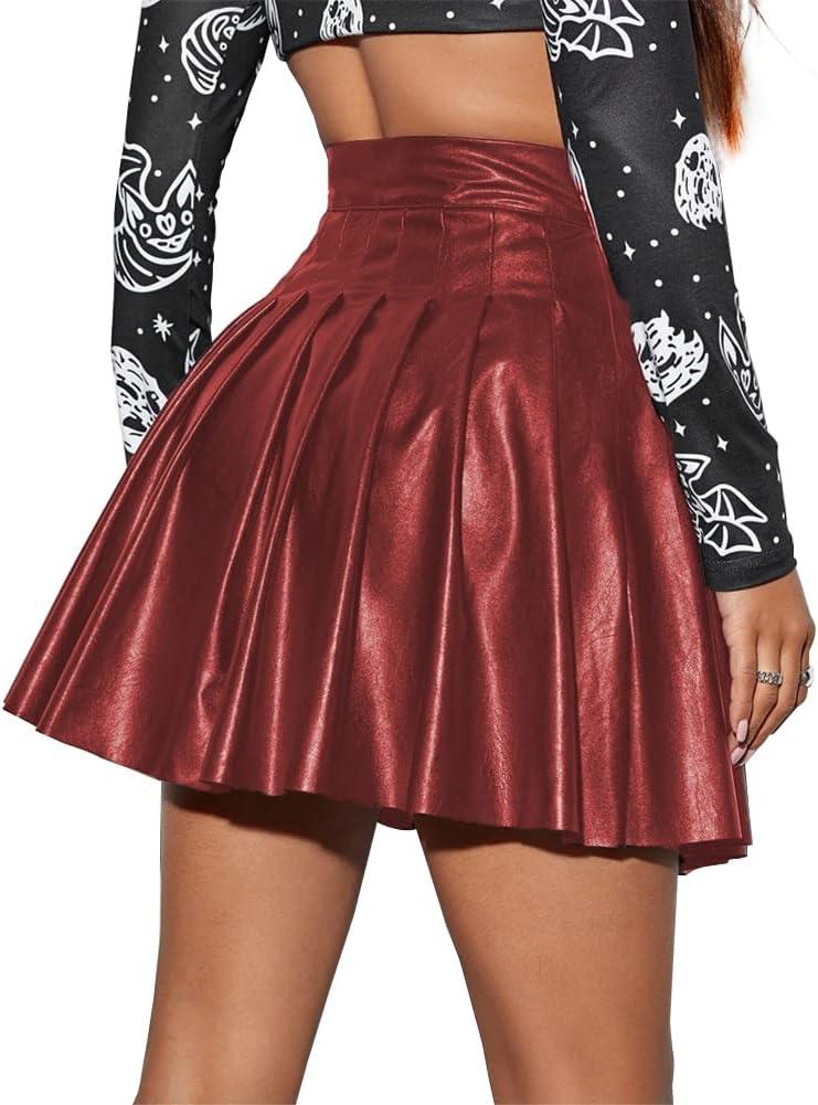 ABAFIP Women's PU Leather High Waist Pleated Flared A-Line Mini Short Skirt Club Festival Rave Outfits, M