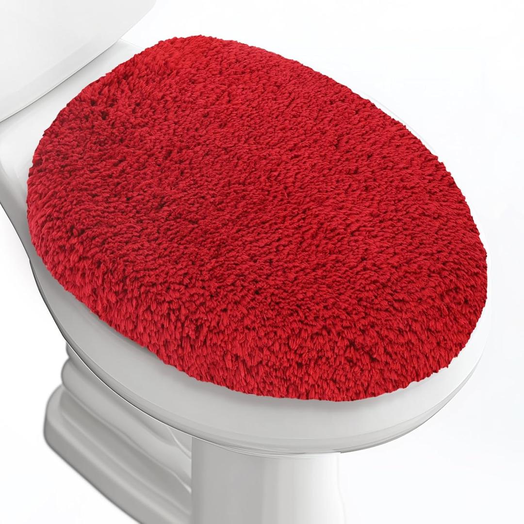 Luxury Soft Microfiber Toilet Lid Cover Machine Washable Solid Toilet Seat Cover 17.5" x 15" Adjustable Rubber Backing Fits Most 16-17.5" L x 14-16" W Round Oblong and Elongated Toilet Seat (Red)