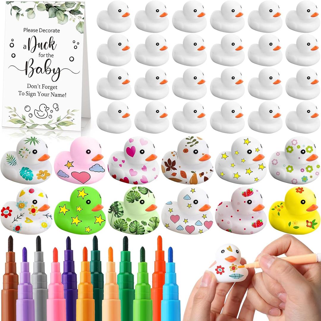 Seenelling 45 Pcs Baby Shower Decorate Ducks Game Set Includes Baby Shower Game Sign 32 DIY White Blank Rubber Ducks 12 Paint Marker for Gender Revel(Leaves)