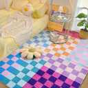 Multicolored Checkerboard Rug Carpet 8x10 Retro Funky Washable Area Rugs for Living Dining Room Bedroom Kitchen Office Entryway Aesthetic, Thin Colorful Checkered Rug Modern Groovy Carpet