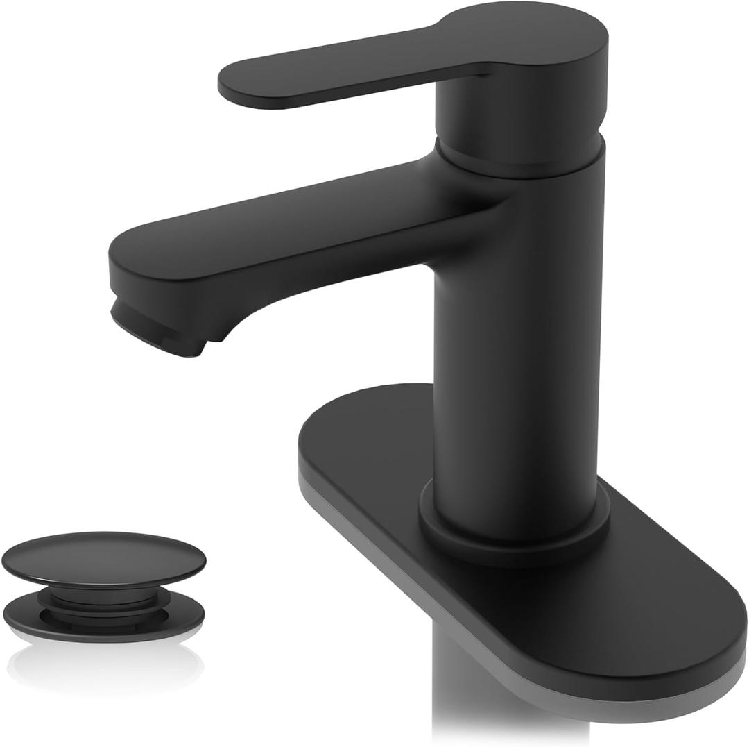 BELZ Bathroom Faucet, Single Handle Matte Black Sink Faucet for 1 or 3 Hole Installation, Modern Lead-Free Metal Vanity Faucet with Pop-Up Drain & Supply Hoses (Matte Black)