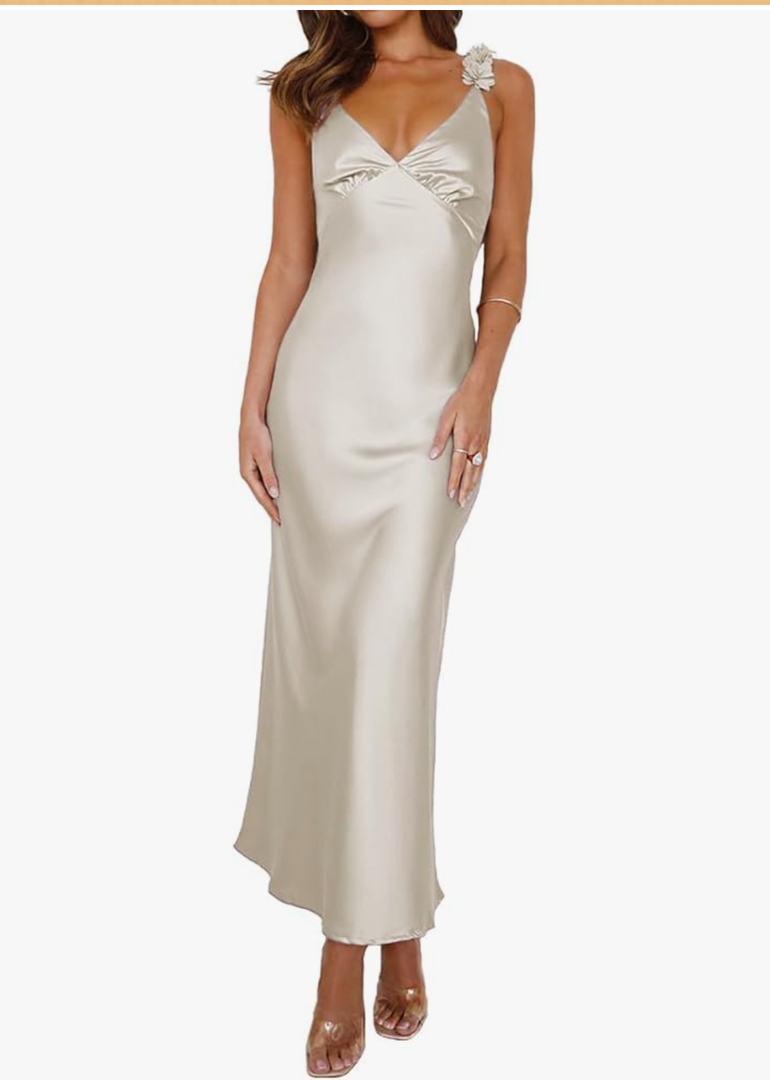 Phicia Summer Satin Spaghetti Strap V Neck Midi Dresses for Women Wedding Guest Elegant Flower Backless Cocktail Formal Dress, Size L