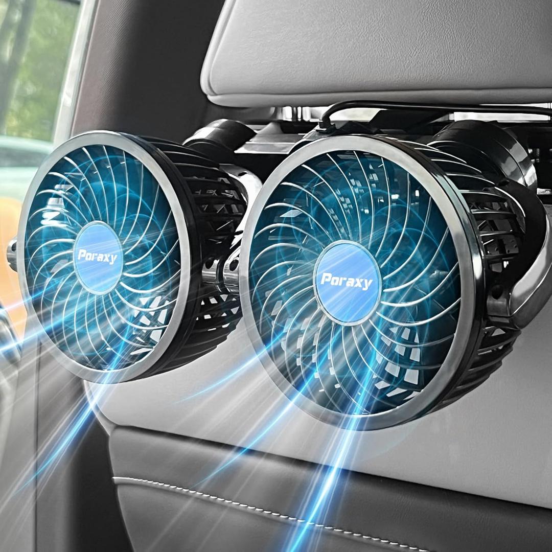 Poraxy Car Fan, Dual Head Car Fans for Backseat for Kids, Headrest 360 Degree Rotatable Back Seat Stepless Speed Vehicles Rear Seat 12V Cooling Air Fan for Sedan SUV RV