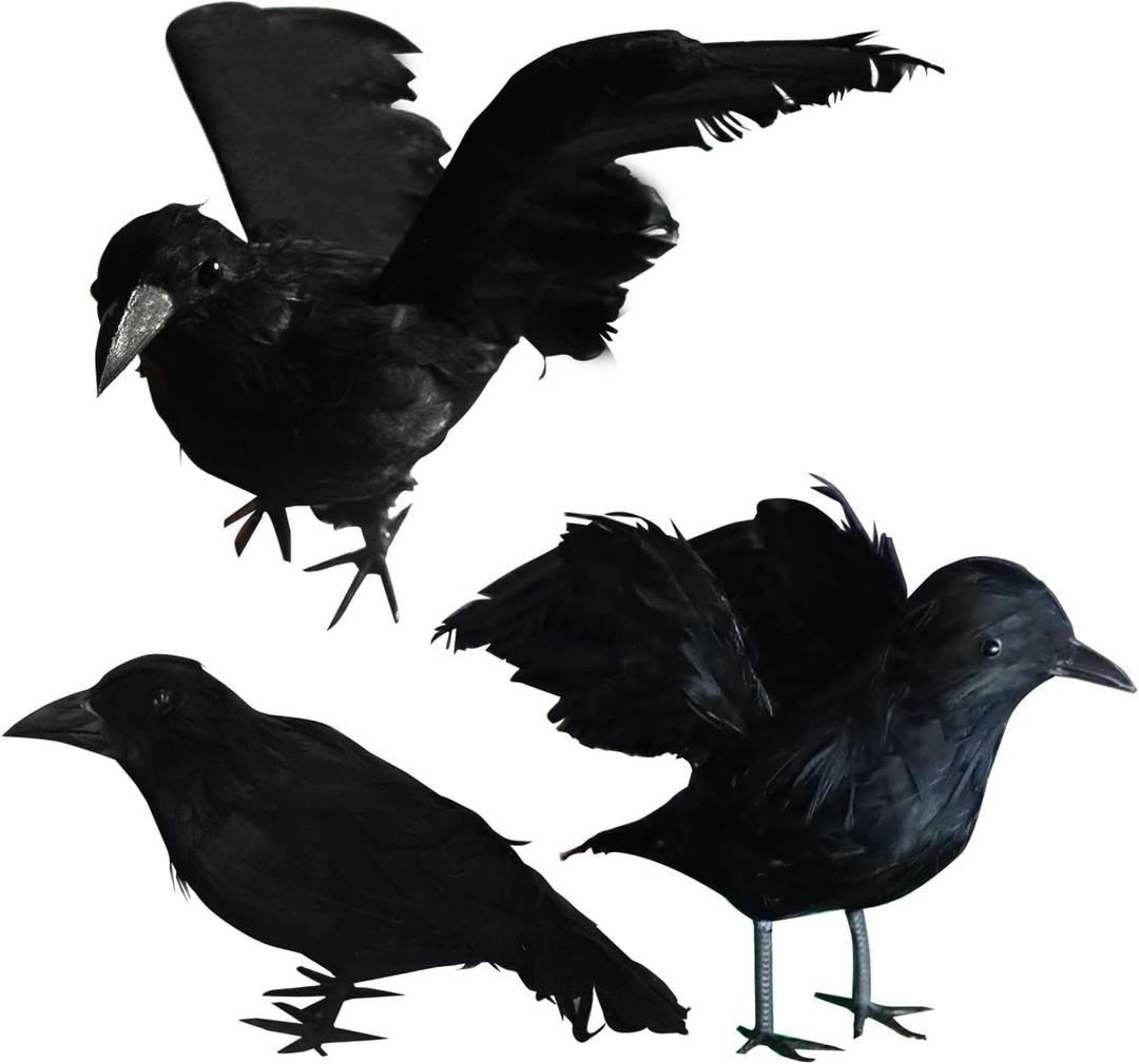 FUNPENY Halloween Black Feathered Crows, 3 Pack Black Crows with Real Feather Halloween Decoration for Indoor Outdoor