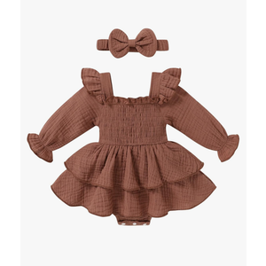 YOUNGER TREE Baby Girl Fall Clothes Infant Long Sleeve Ruffle Romper Dress with Headband Cute Toddler Winter Outfits, 12-18 M