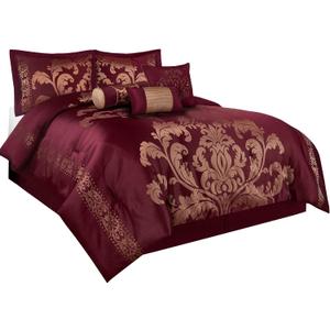 Chezmoi Collection 7-Piece Jacquard Floral Comforter Set (Queen, Maroon)
