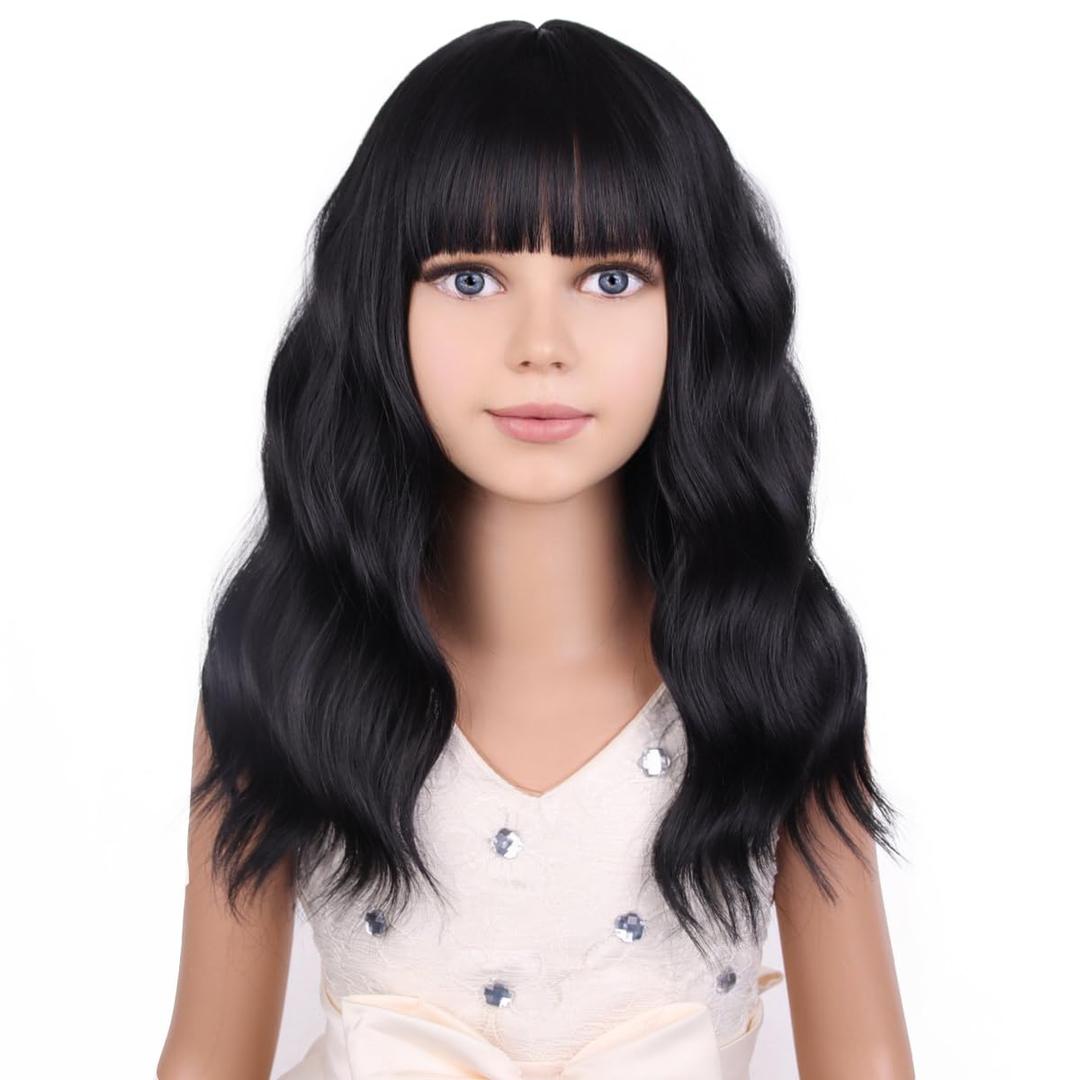 Black Kids Child Wig Shoulder Length Black Wavy Wigs with Bangs for Gilrs Heat Resistant Synthetic Girls Wig Daily Wear Wigs