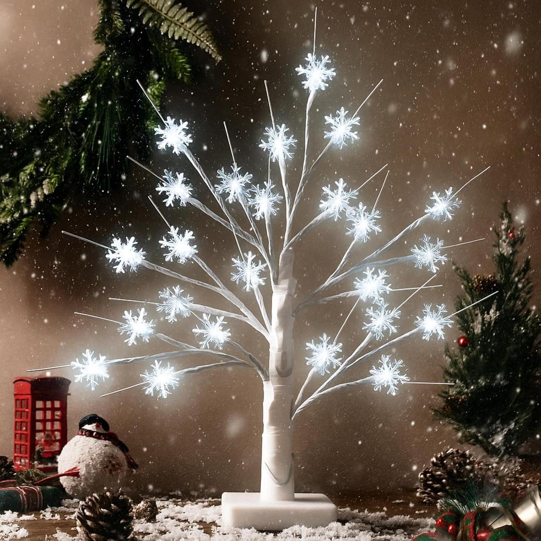 Retisee Winter Decoration Snowflake Tree LED Light with 24 LED Lights USB Battery Operated Snow Indoor Outdoor for Home Table Party Decor (1.48 Ft)