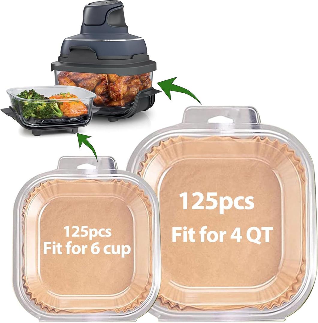 Air Fryer Liners for Ninja Crispi, Disposable 125 + 125 Pcs Ninja Crispi Accessories for Ninja Crispi 4-in-1 Portable Glass Air Fryer Cooking System, Non-Stick Ninja Crispi Liners Disposable