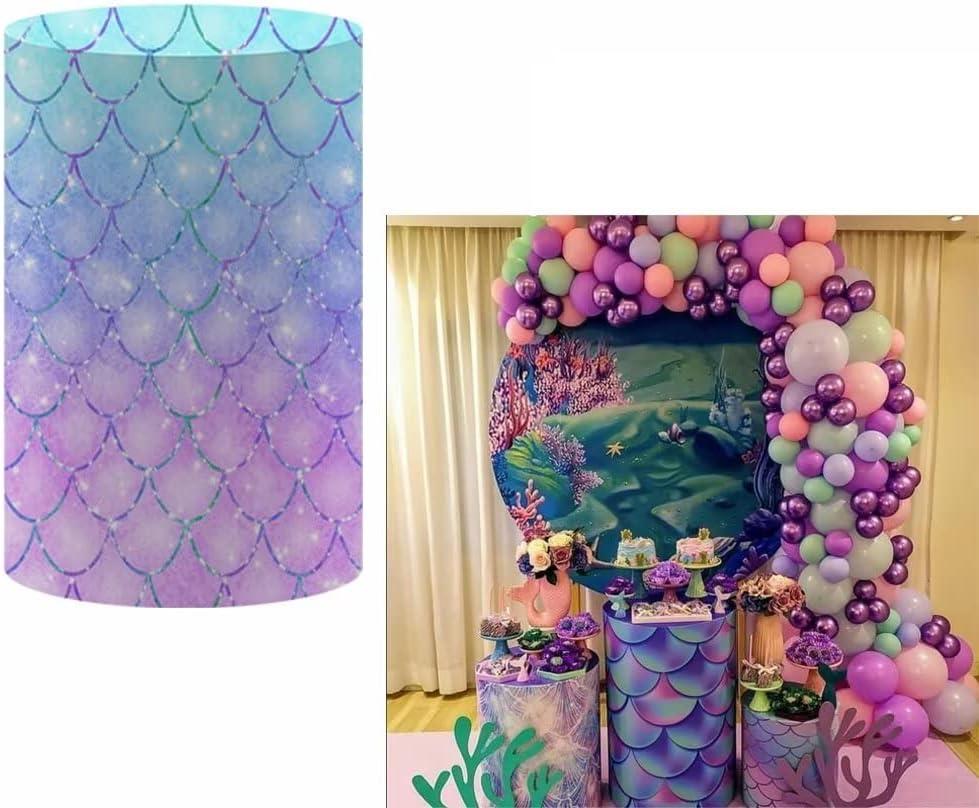 Cylinder Plinth Covers Underwater Little Mermaid Pedestal Covers Glitter Purple Blue Scales Baby Shower Girls 1st Birthday Party Cake Table Decor Banner (D36cm H75cm, No-270c)