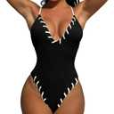 HYTENSUN Women's Criss Cross One Piece Swimsuits V Neck Binding Ribbed Swimwear High Cut Bathing Suit (Black, M)