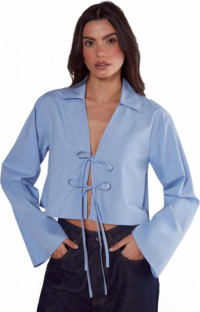 Nasty Gal Womens Cotton Tie Front Collared Wide Cuff Shirt