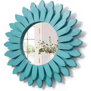 Honiway Beach Wall Decor Mirror 12 inch Wood Coastal Wall Decor Sunburst Boho Home Decor Room Decor for Bedroom Living Room Bathroom Cyan