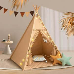 WIRHAO Teepee Tent for Kids with Mat, Cotton Canvas Kids Teepee with Pompom for Toddlers Indoor Play Tent for Girls Boys with Stars Lights, Carry Bag, Banner Flag (Khaki)