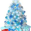 2FT Snow Flocked Christmas Tree, Blue Mini Christmas Tree, Artificial Tabletop Christmas Trees with 60 LED Lights,100 Branch Tips, 47 Ornaments, Small Prelit Xmas Tree for Home Party