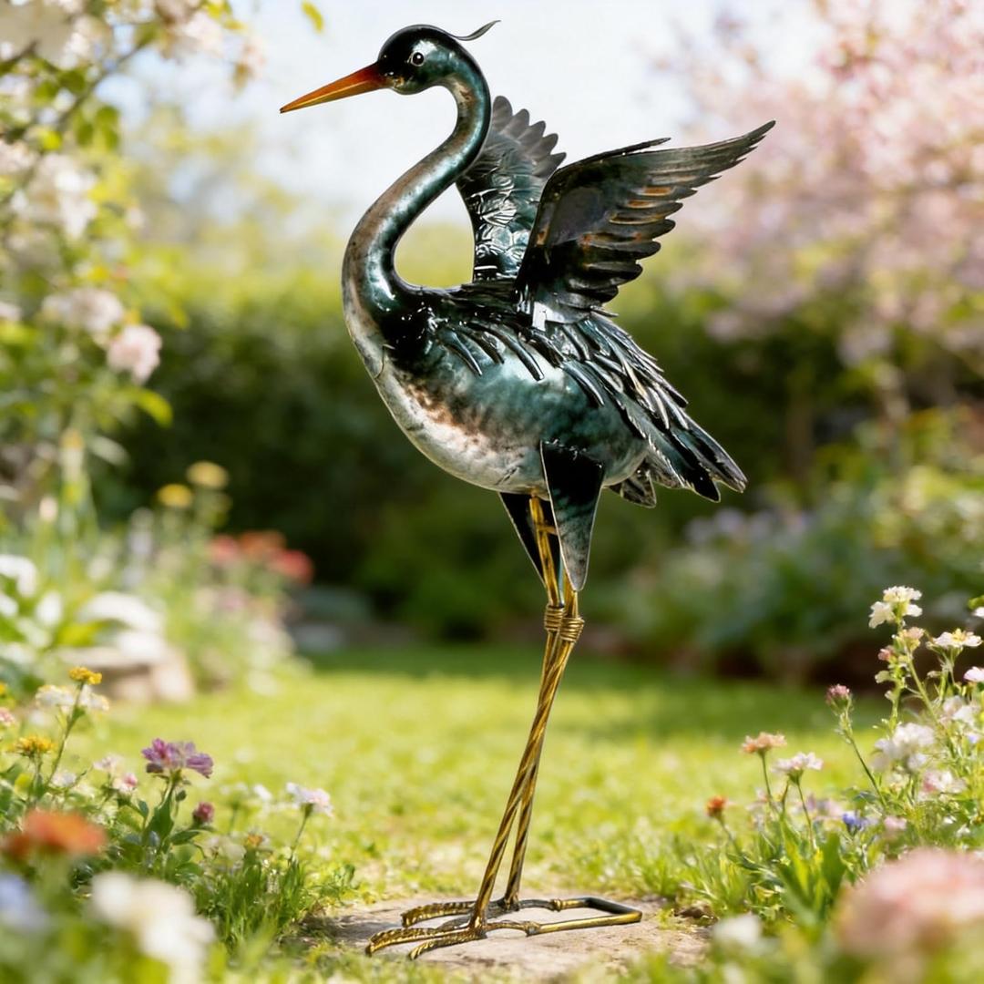 chisheen Crane Garden Statue Sculpture, Metal Heron Outdoor Decor, Yard Art Bird Decoy for Backyard Pond Patio Porch Lawn Decorations