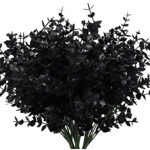 Black Artificial Flowers, Fake Outdoor UV Resistant Plants Faux Plastic Greenery Shrubs Indoor Outside Hanging Planter Halloween Flower Decoration, Garden Decor (Black Eucalyptus)