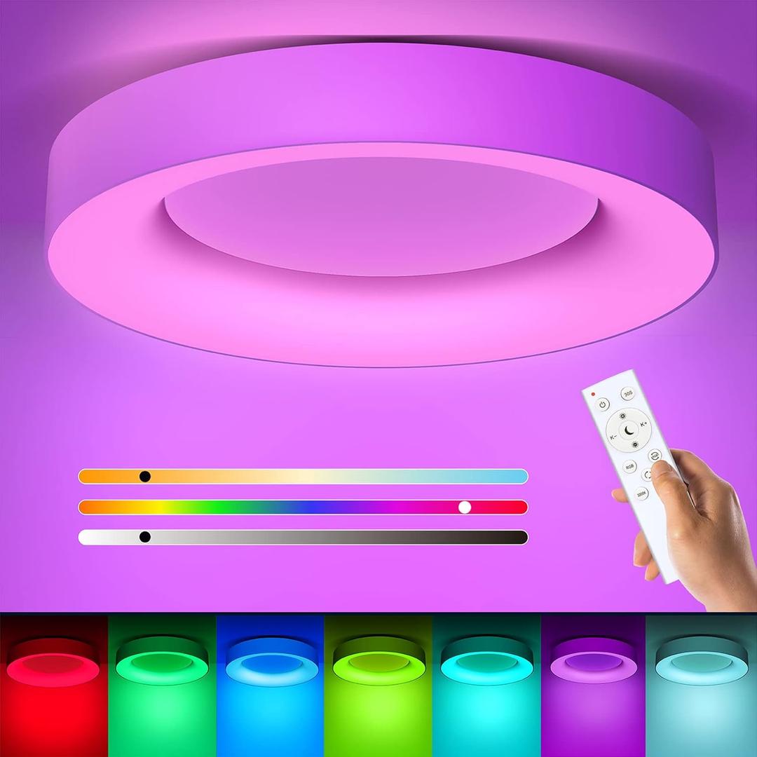16 Inch RGB Led Flush Mount Ceiling Light with Remote Control, 36w Dimmable Ceiling Lighting Fixture, 3000K-6500K Color Changeable, Modern White, for Bedroom Kids Room