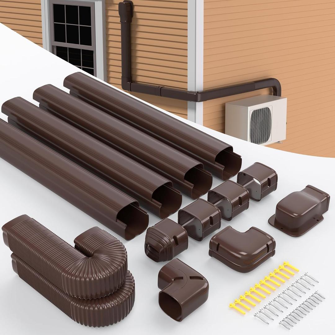 Mini Split Line Cover Set: 4" 17 Ft PVC Decorative Pipe Line Hide Cover Kit for Ductless Mini Split Air Conditioner, Central AC and Heat Pumps, Brown