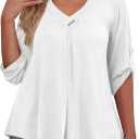 FOLUNSI Womens Plus Size 3/4 Roll Sleeve Blouses V Neck Casual Tunic Tops (White, XL)