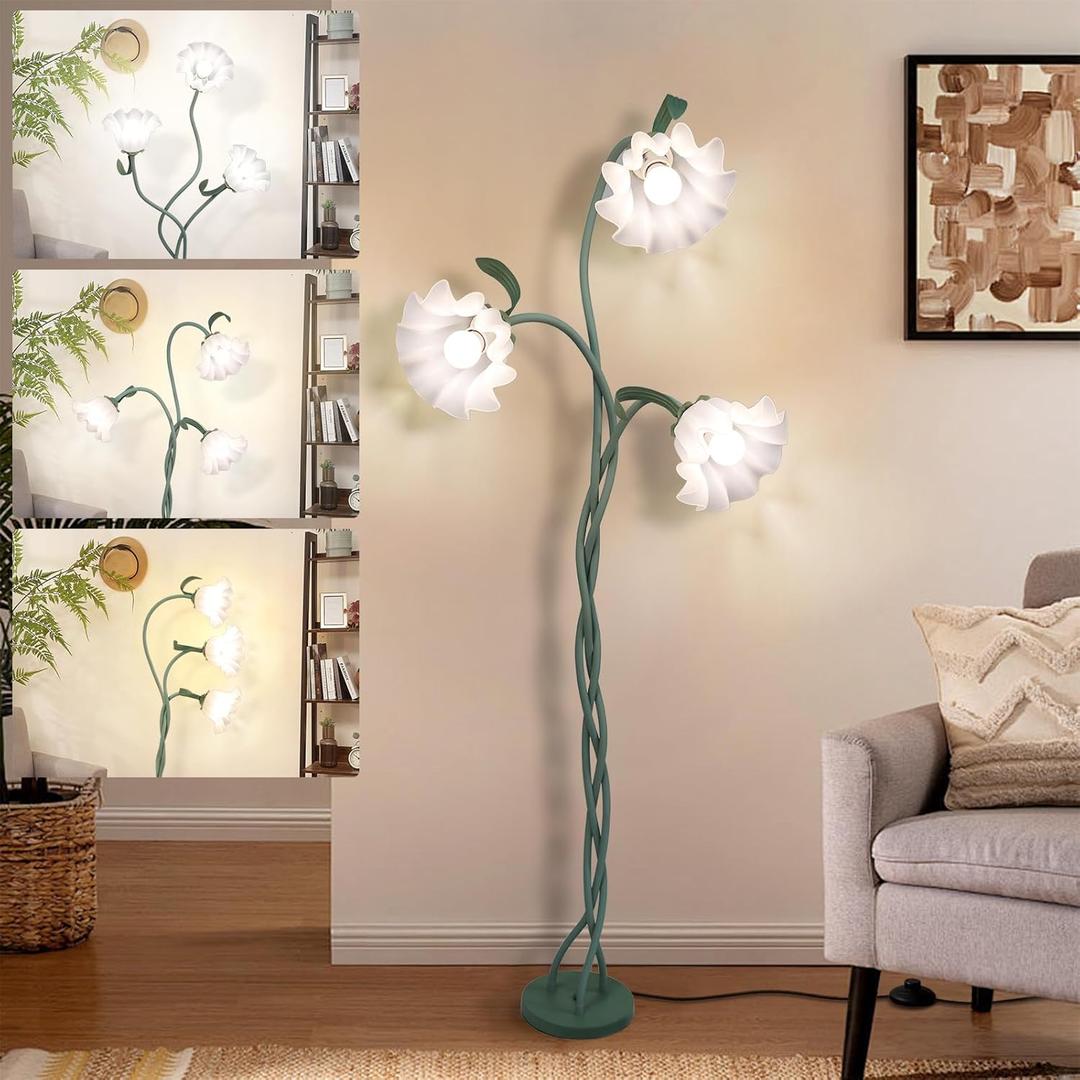 Vintage Flower Floor Lamp for Girls' Bedroom, Cute 3 Heads Floor Reading Light with Flexible Gooseneck, 3 Colors Modern Corner Standing Lamp with Lily for Living Room Office Home Decor, Bulbs Included