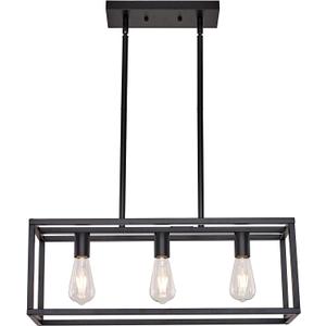 Farmhouse Rectangle Chandeliers for Dining Rooms, Modern Linear Hanging Light Fixture Matte Black 3-Light Industrial Pendant Lighting for Kitchen Island