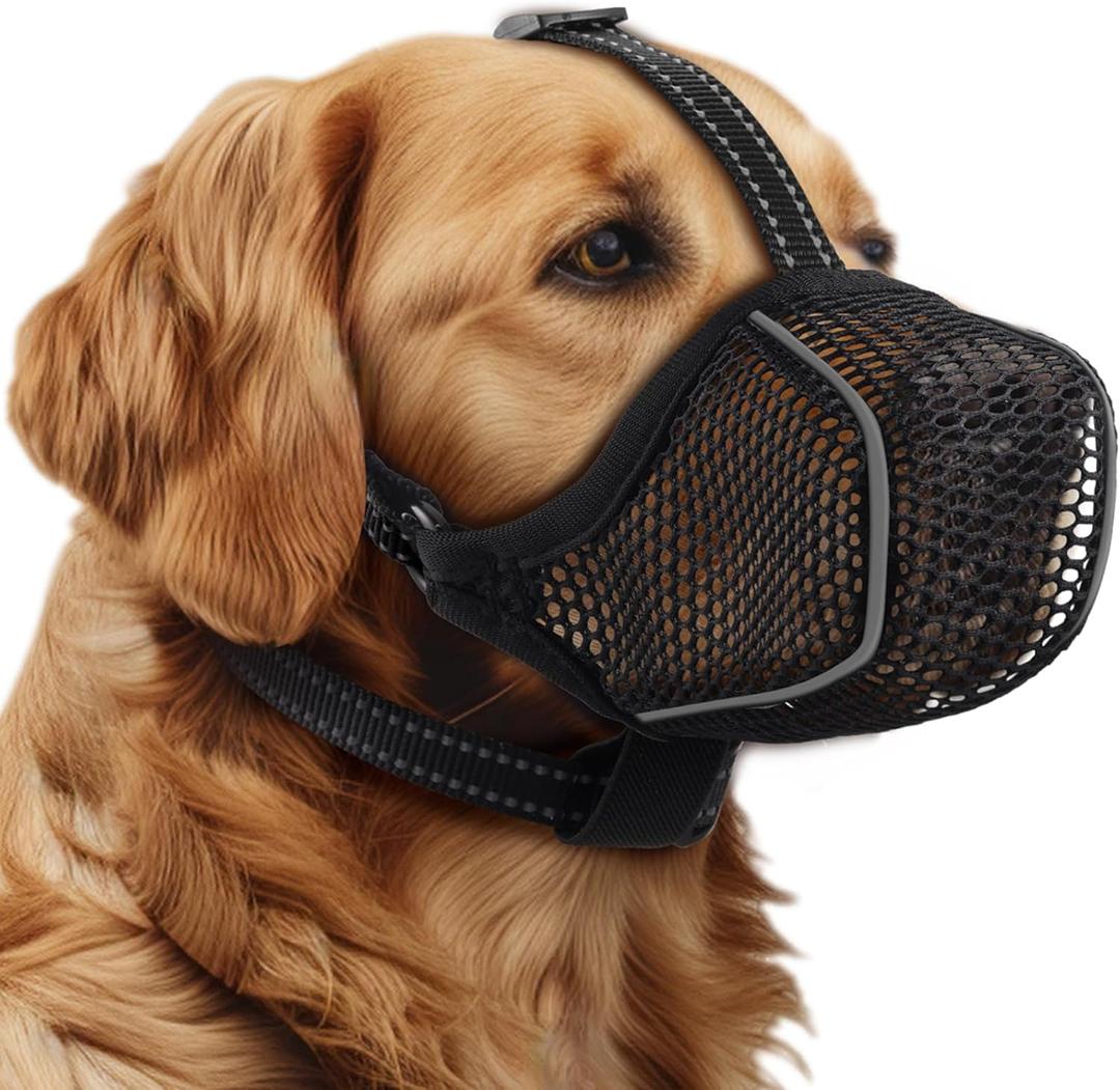 Dog Muzzle,Mesh Soft Muzzle for Small Medium Large Sized Dogs, Breathable Reflective Adjustable Puppy Muzzles with Collar for Scavenging Grooming Biting Chewing,Allows Panting and Drinking M