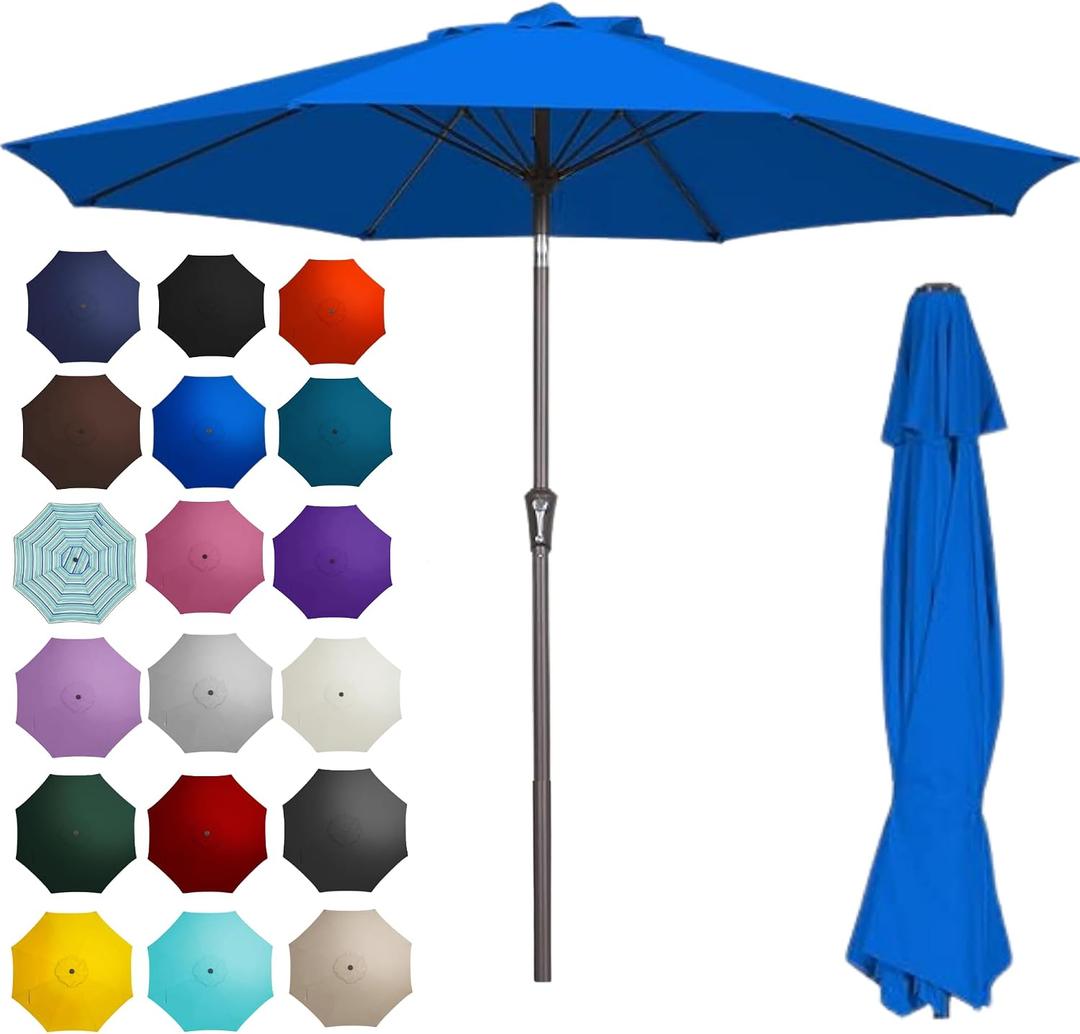 PatioKingdom 9FT Patio Outdoor Umbrella-UPF 50+ Sun Shade with Wind Vent, Push-Button Tilt & Smooth Crank Lift, Rust-Resistant Fiberglass Frame for Garden, Backyard,Yard (Royal Blue)