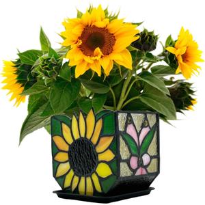 Stained Glass Sunflower Garden Planters,Indoor Plant Pots with Drainage,Unique Plant Pots for Dried Flowers,Sunflower Gifts,4.6 x 3 x 5.15 in