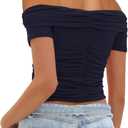 Darong Women Mesh Off The Shoulder Top Short Sleeve Double Lined Ruched Shirts Trendy Going Out Tops Summer Fashion Clothes (Blue, XS)